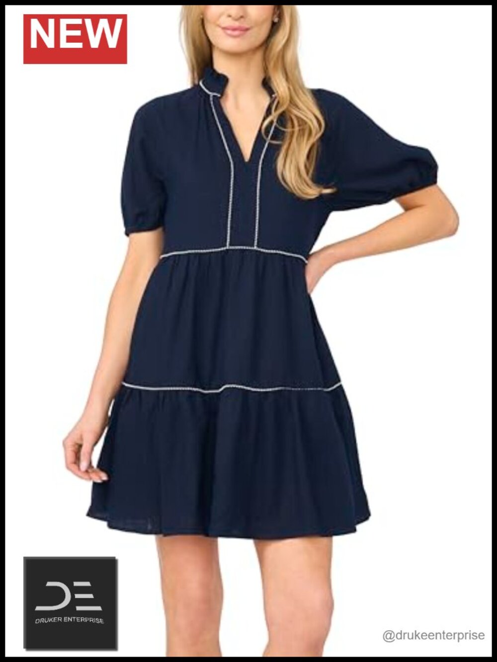 CeCe Contrast Trim Babydoll Dress V-Neck Short Sleeve A-Line
